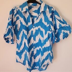 Witchery Blue & White linen Puff-Sleeve Blouse